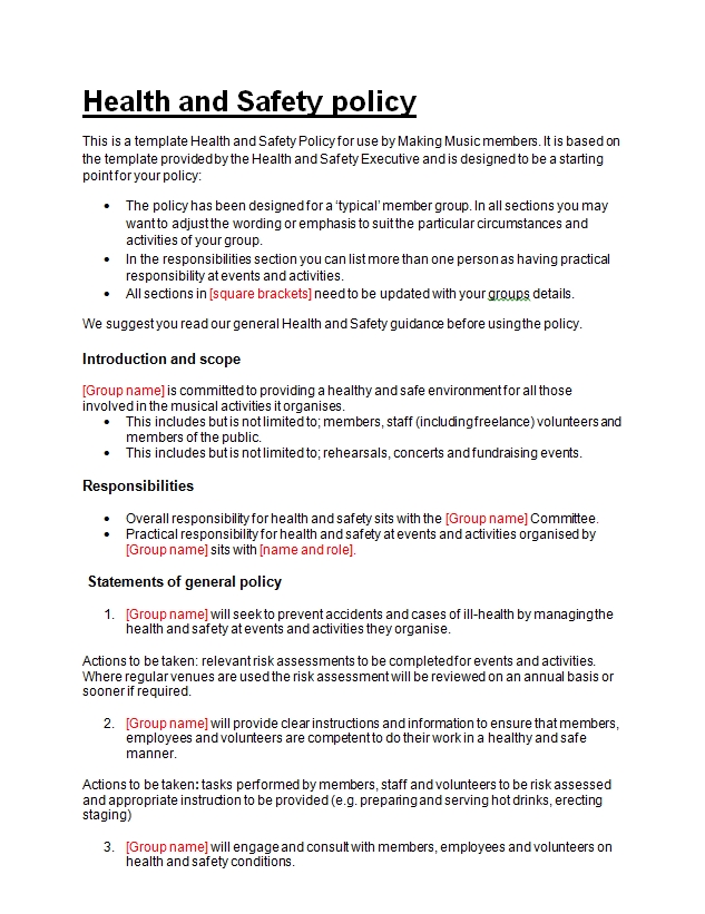 Health And Safety Policy Template TUTORE ORG Master Of Documents